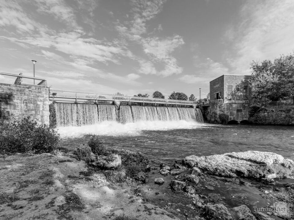 Cascading Falls Over Mammoth Spring Dam Grayscale