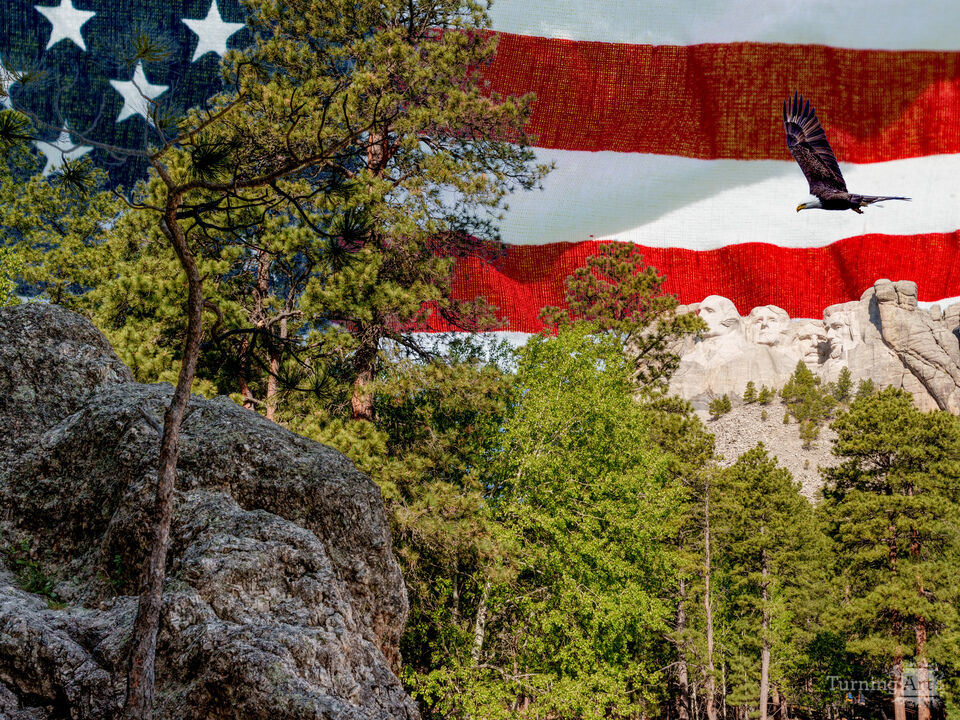 Nature Surrounded Mount Rushmore With Flag