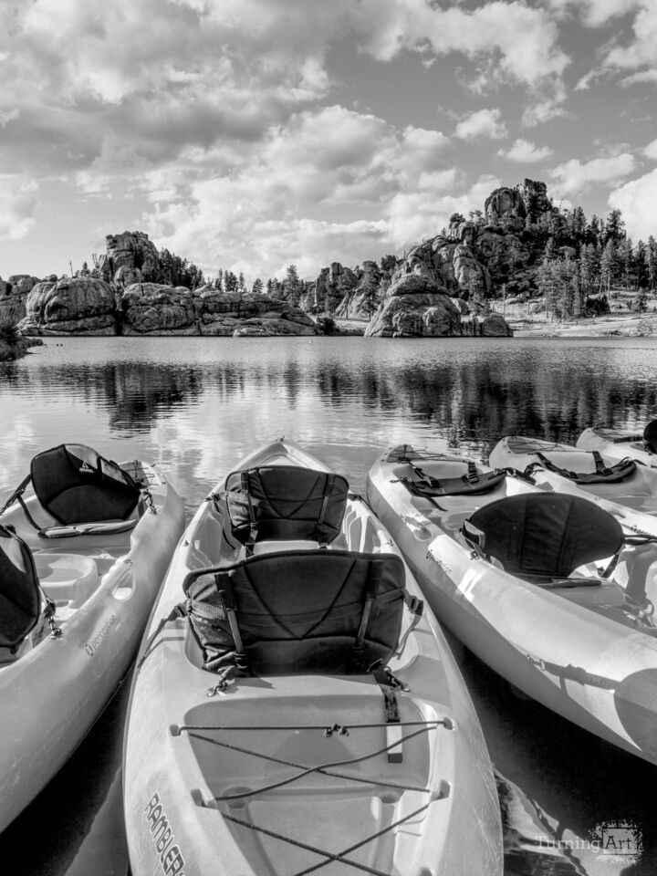 Sylvan Lake Boats And Reflections Vertical Grayscale