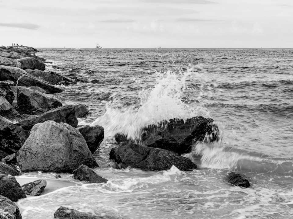 Orange Beach Jetty Wave Action Grayscale