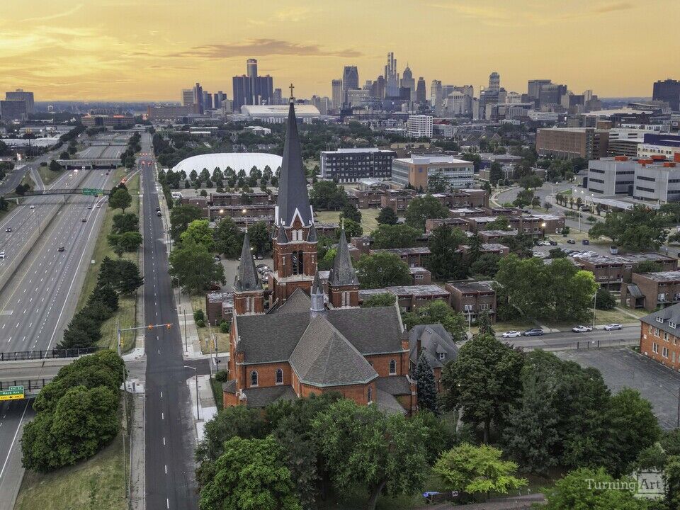 St. Josaphat Church and Detroit Skyline at Sunrise
