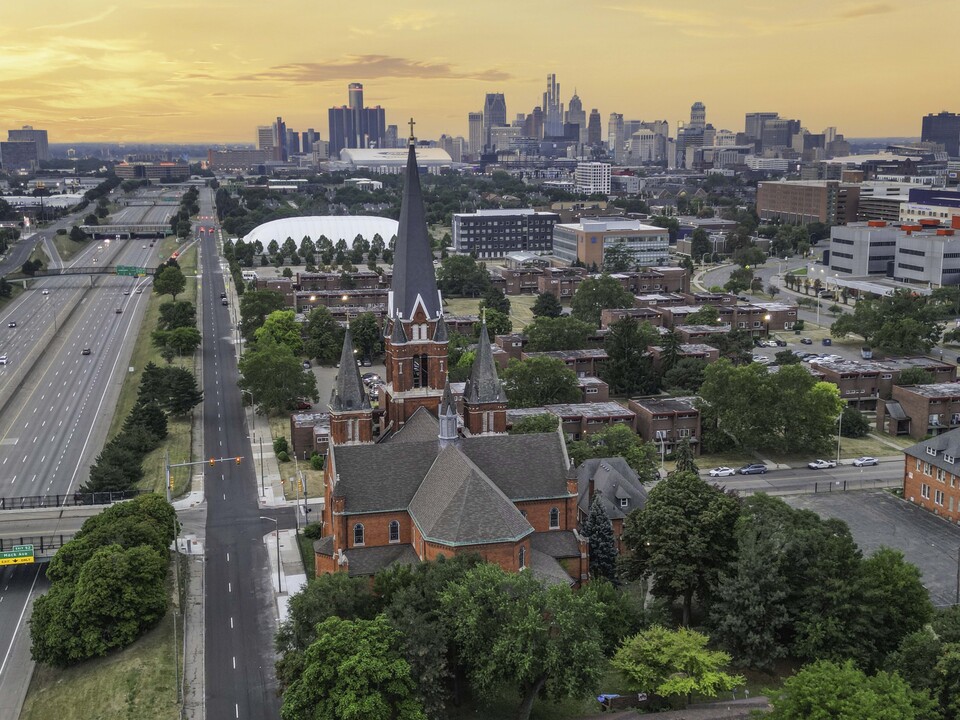 St. Josaphat Church and Detroit Skyline at Sunrise