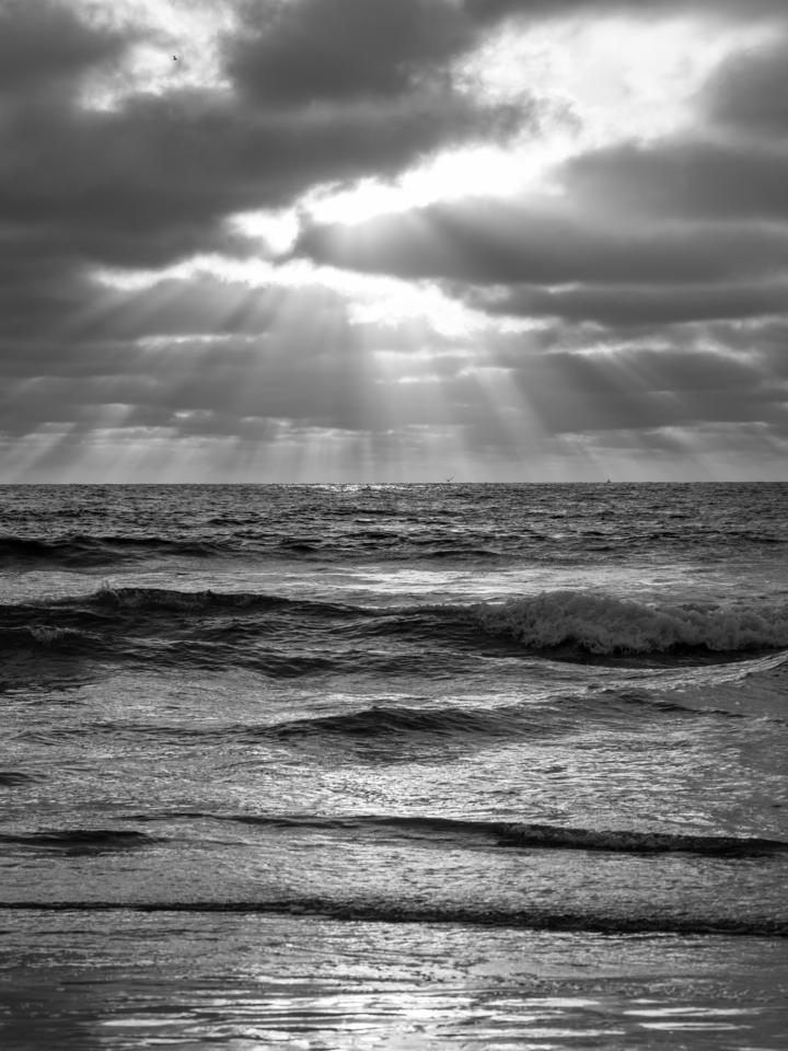 Ocean Sunset With Heavenly Sunbeams - Monochrome 