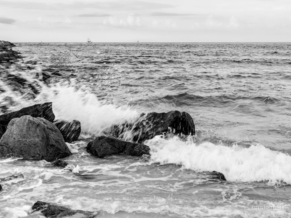 Alabama Splashing Waves At The Jetty Grayscale