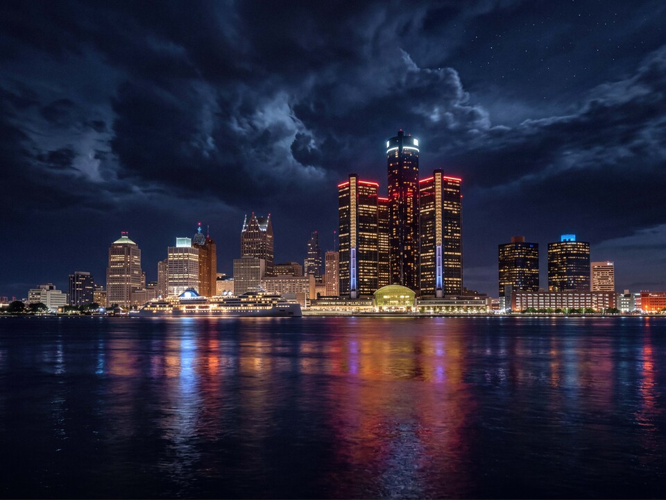 Detroit Skyline and Cruise Ship at Night