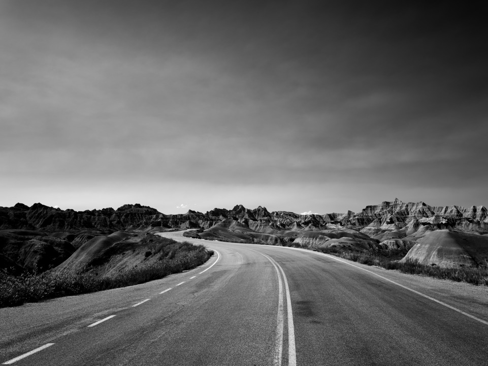 Highway through the Badlands in B&W