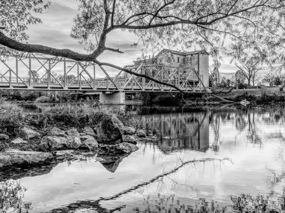 Ozark Mill And River Sunset Reflections Grayscale