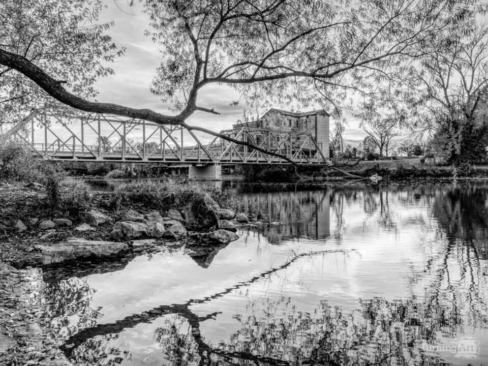 Finley River Mill Sunset Reflections Grayscale