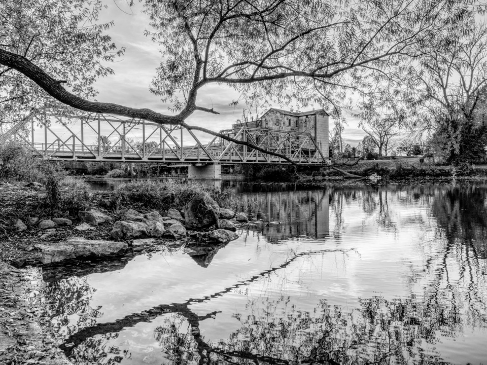 Finley River Mill Sunset Reflections Grayscale