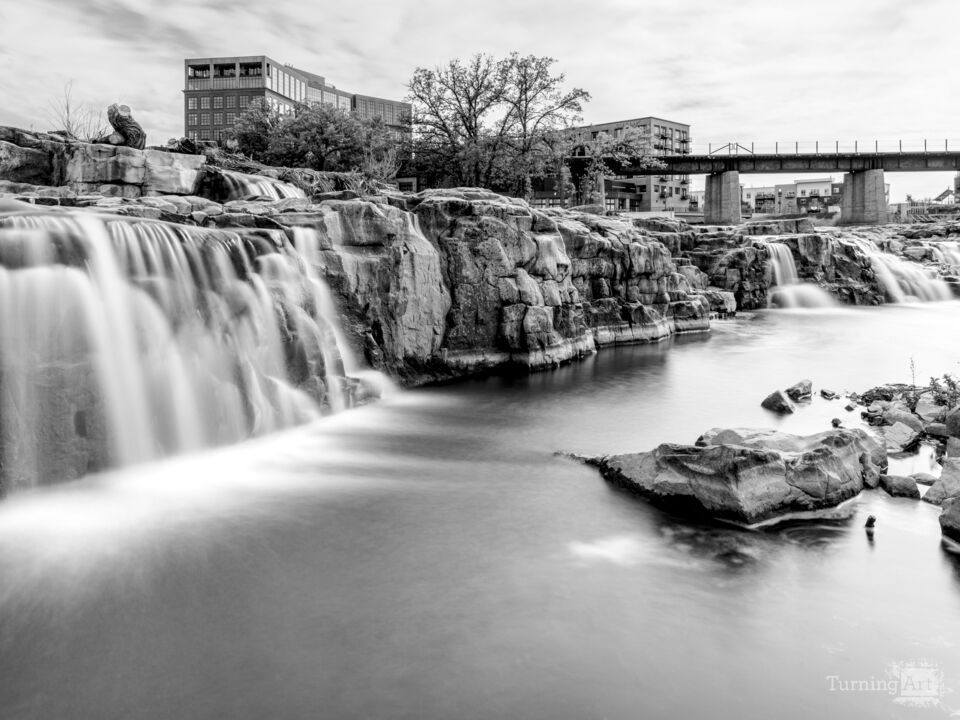 Cascading Waterfalls In Falls Park Grayscale