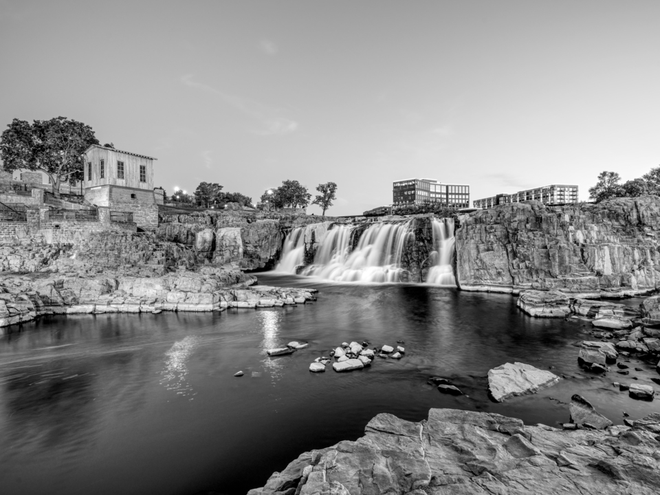 Blue Hour At Falls Park Sioux Falls Grayscale