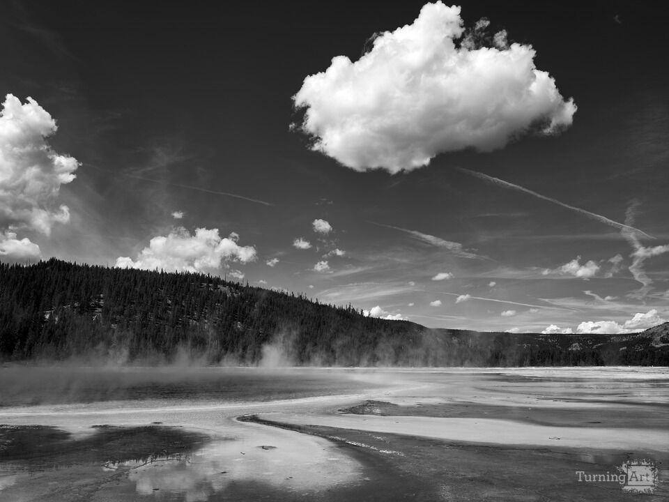 Contrails over the Grand Prismatic Spring in B&W