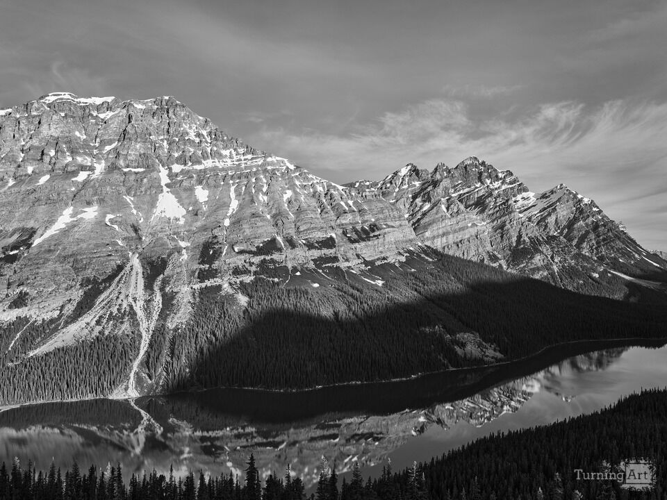 Black and white of Peyto Lake and the Mountains