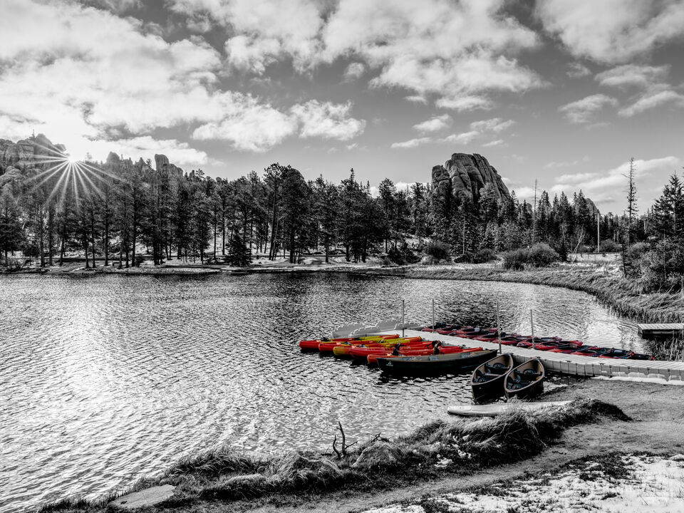 Sylvan Lake Boat Dock Sunrise Selective Color