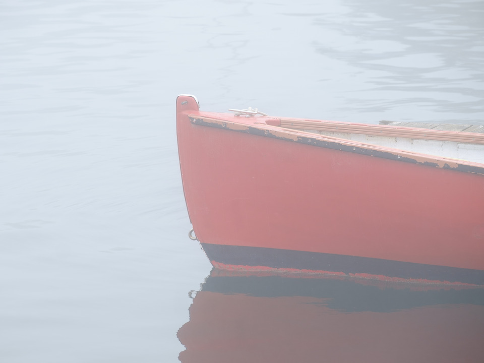 Red Rowboat in Fog, Penobscot Bay, Maine