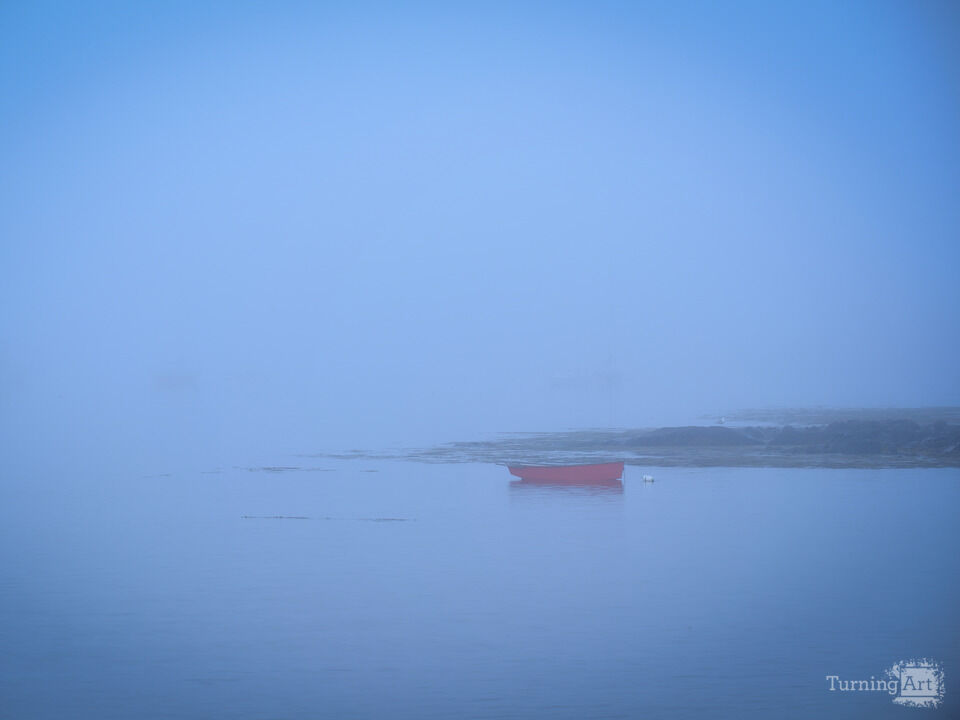 Foggy Sunrise, Red Rowboat, Maine 