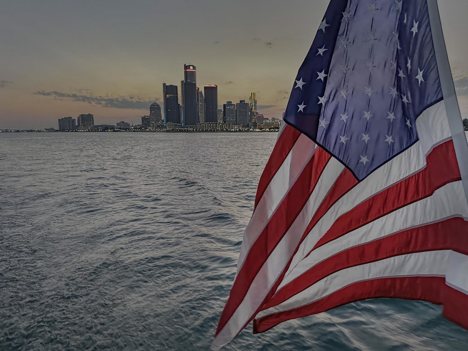 Stars and Stripes Over the Detroit River at Sunset