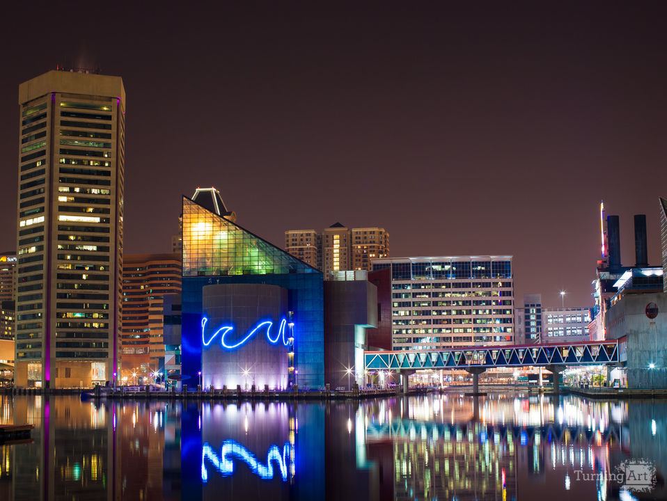 Baltimore aquarium at night