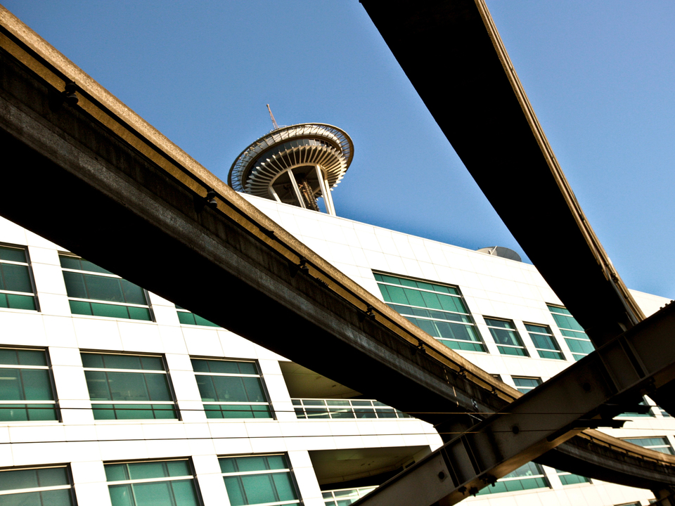 Seattle Space Needle Through Train Tracks