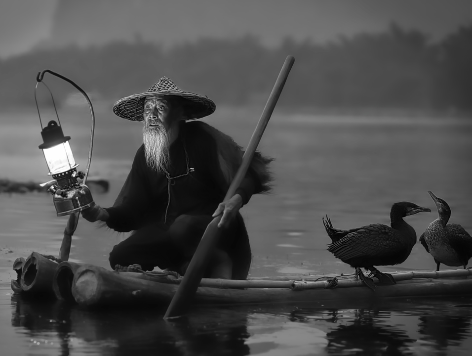 Cormorant Fisherman in Black & White on the Li River at Night 16x10
