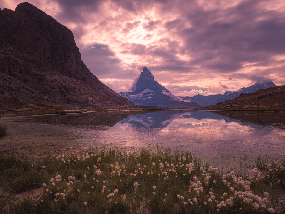 Riffelsee lake (2,757 m) with the reflection of the Matterhorn