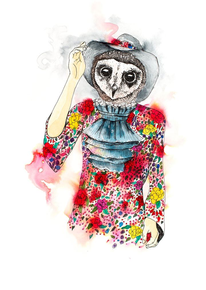 Sylvia: Sooty Owl Portrait in Red Floral Dress