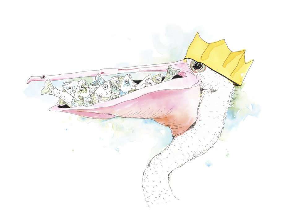 Lucky Fish: Pelican Portrait in Inky Watercolor Wash Painting