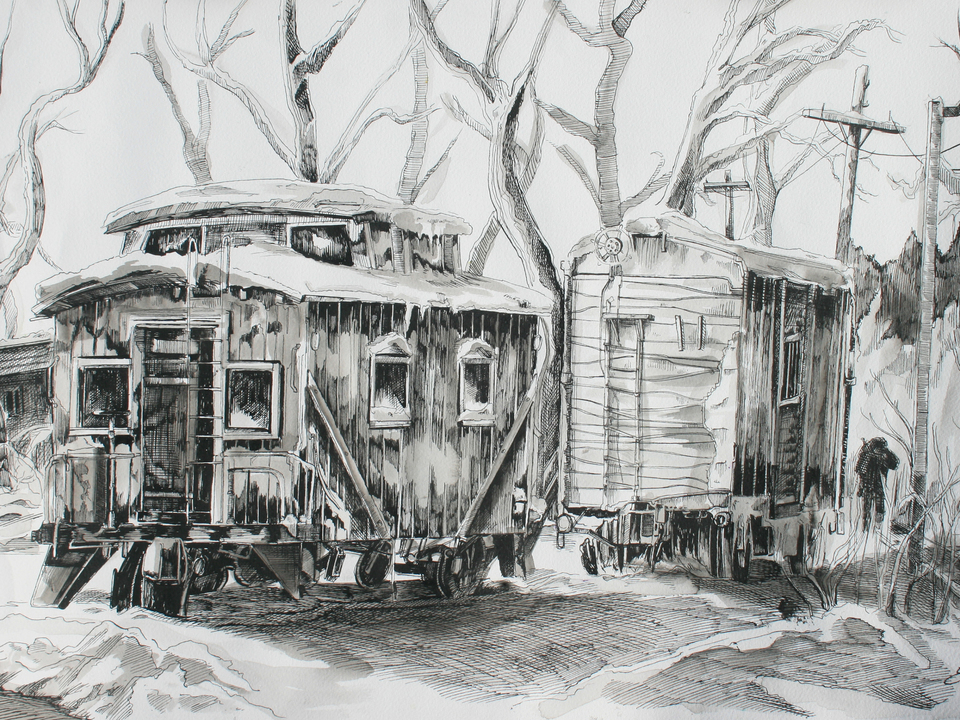 "Old Box Cars in Snow, Cape Cod"
