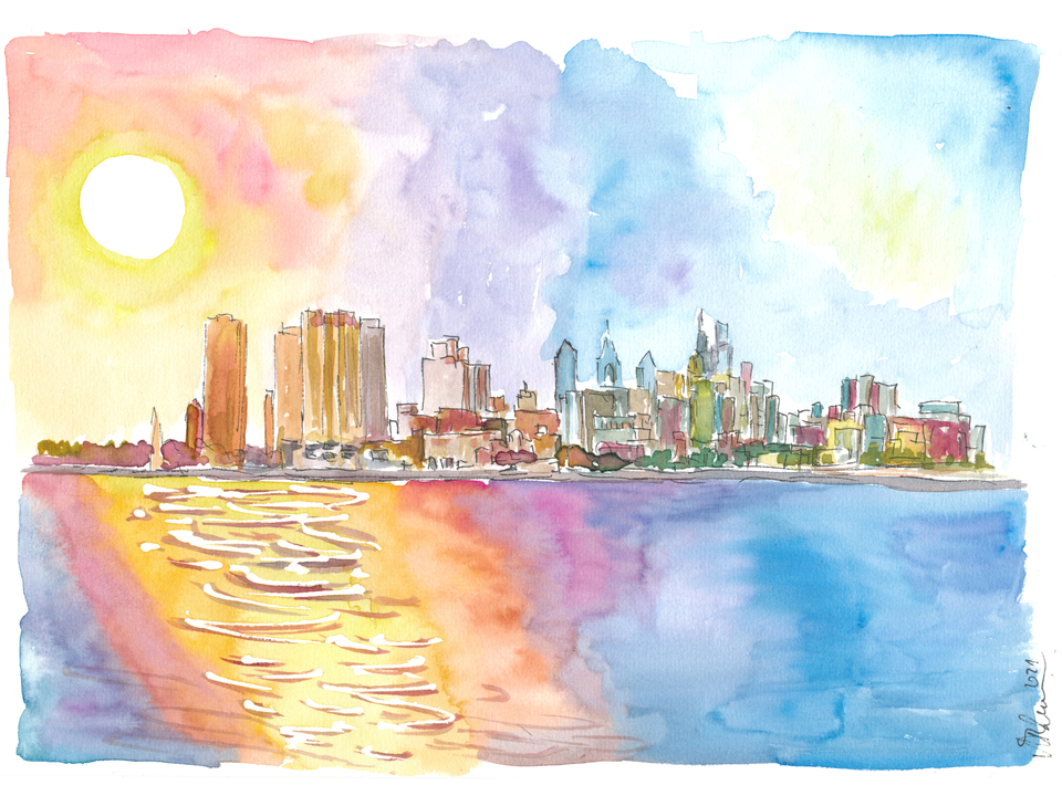 Philadelphia Pennsylvania Golden Sunset and Waterfront with Skyline