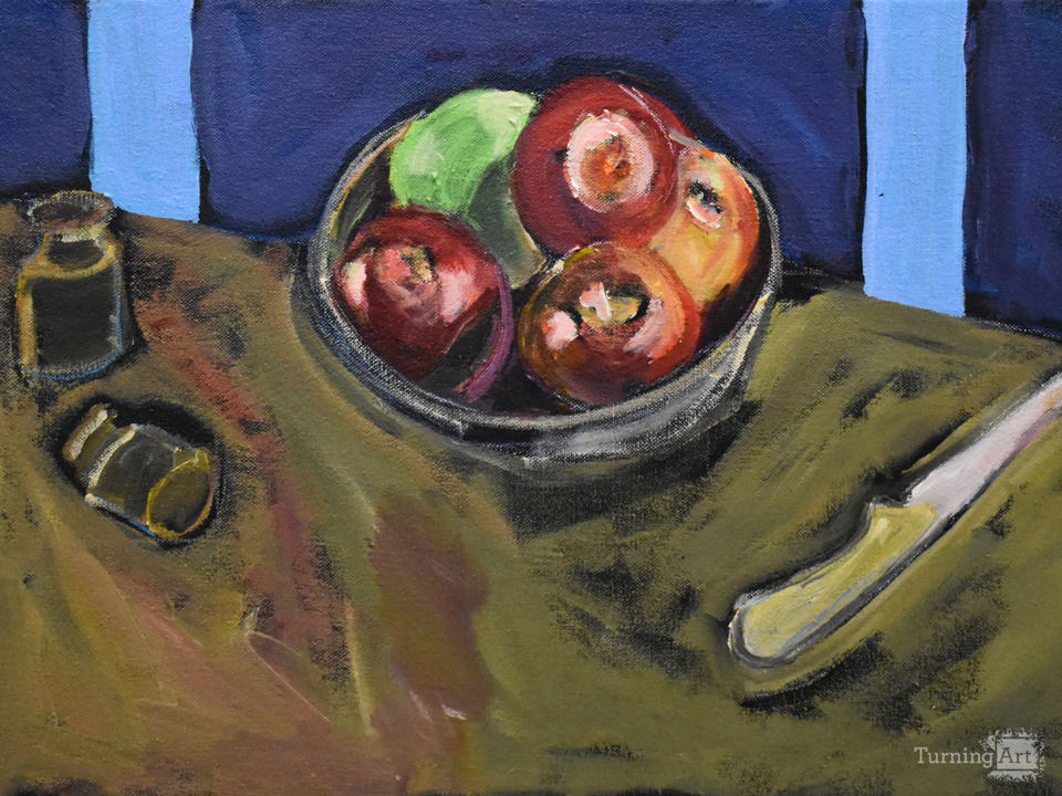 Apples, knife, inkwells "Still life finger exercises series" 