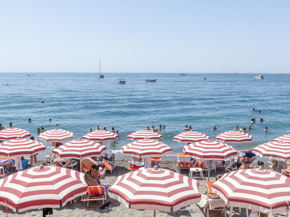 Red and White Umbrellas, Ischia Beach, Italy