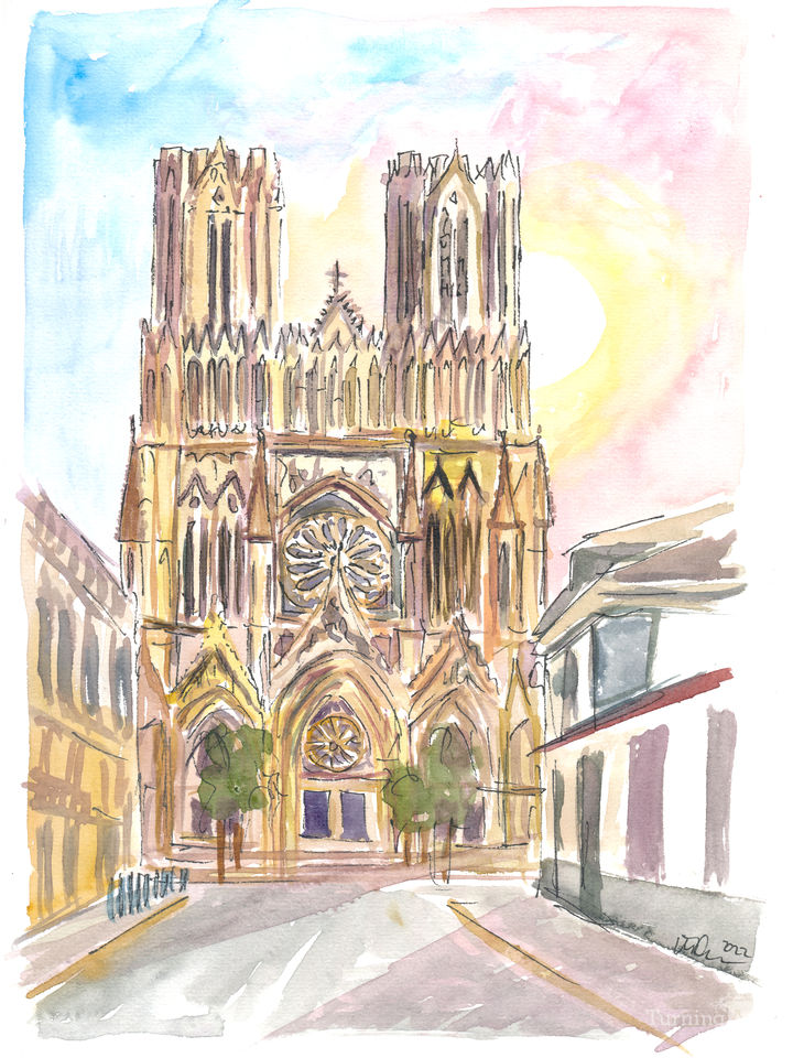 Monumental Reims Cathedral Watercolor Impressions