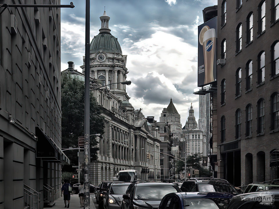 Downtown Traffic Municipal Buildings View color print subdued
